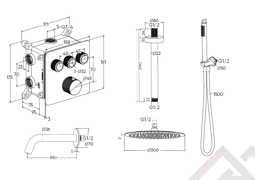 Душевая система скрытого монтажа для ванны и душа MILLEAU Tissage TERMO 3SBIT/802-CR на 3 потока (комплект с монтажным блоком), хром