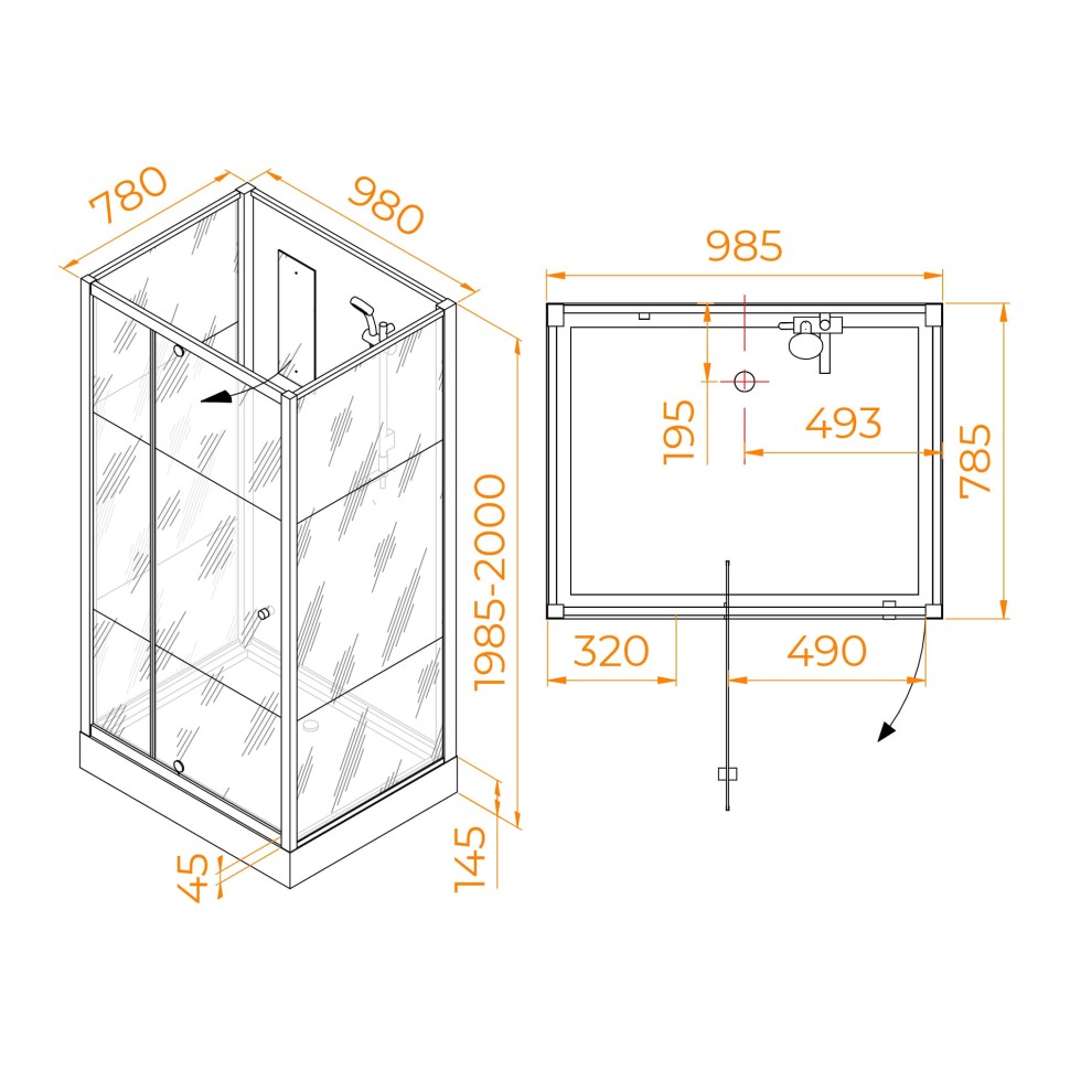 Душевая кабина прямоугольная, распашная дверь, стеклянная, профиль белый - RGW AN-207 (800x1000, Белый)