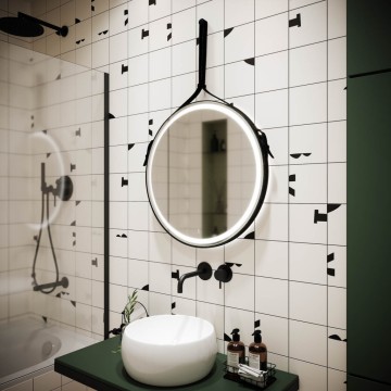 Зеркало для ванной комнаты SANCOS Dames D650 с подсветкой , ремень из натуральной черной кожи, арт. DA650