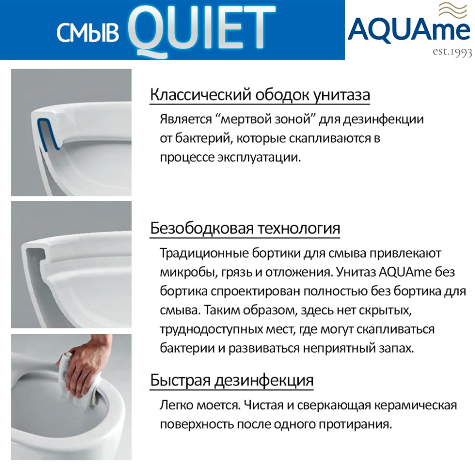 AQM2002L Унитаз подвесной с сиденьем SoftClose, смыв QUIET, скрытый крепеж. 520x365x360