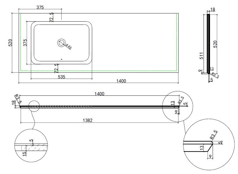 Столешница Vincea из натурального мрамора с интегрированной раковиной VWTB-4LX140VB-L, левая,черный Версаче
