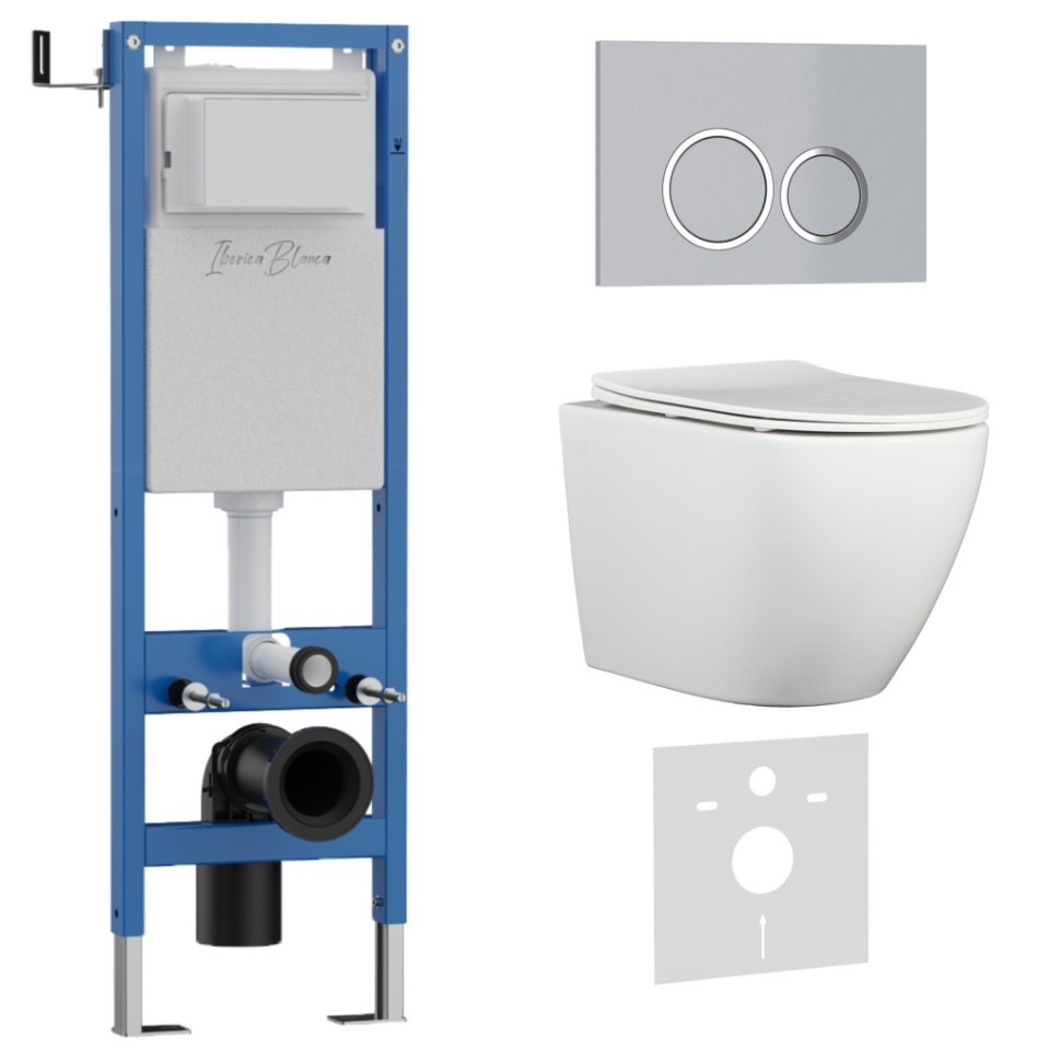 Комплект 3в1 IBERICA BLANCA инсталляция SILENCIO MINI, унитаз BILBAO ALTO белый, кнопка смыва ESTI-O хром глянцевый (IB.001M.BLA.234.823)