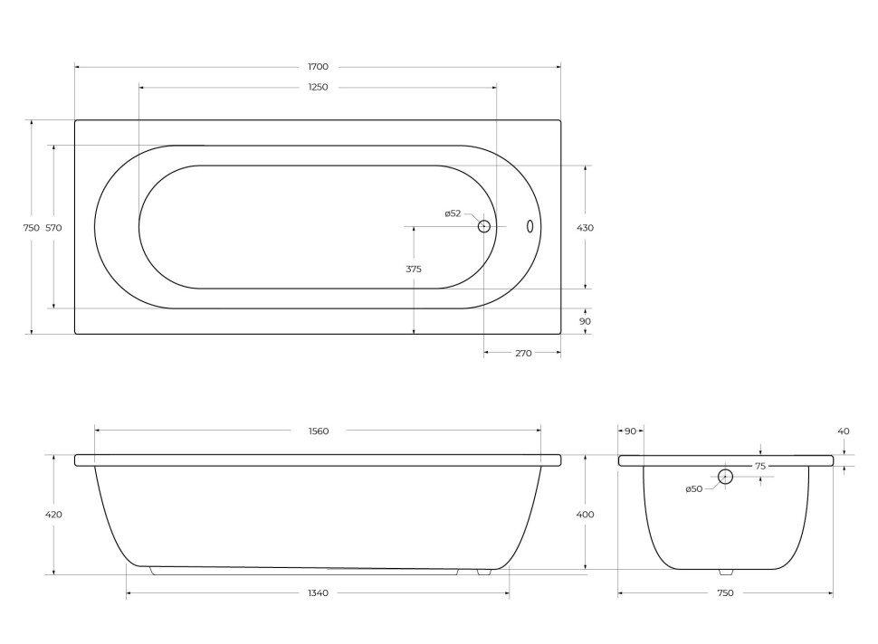 Акриловая ванна CEZARES PIAVE-170-75-42-W37