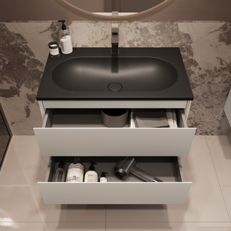 База под раковину Welle 800 подвесная, 2 выкатных ящика soft-close, M.White