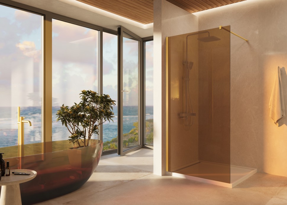 Душевая перегородка Волк-Ин (Walk-In) VSW-1H900GSG, 900*2000, брашированное золото, стекло янтарь