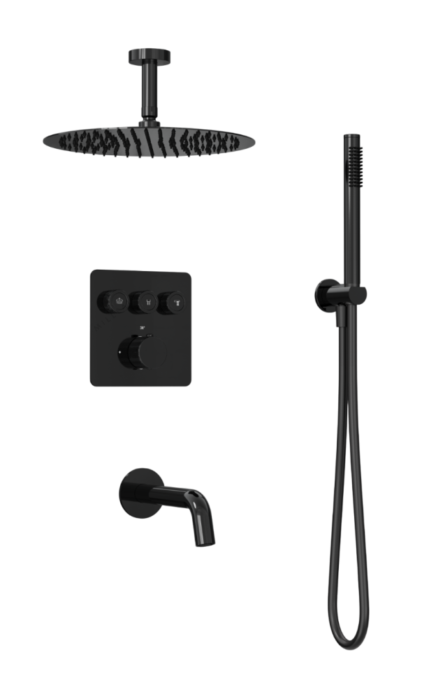 Душевая система скрытого монтажа для ванны и душа MILLEAU Tissage TERMO 3SBIT/802-GB на 3 потока (комплект с монтажным блоком), Черный глянец