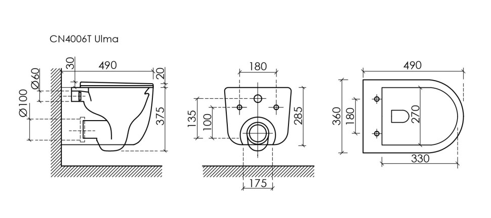 Подвесной унитаз Ulma безободковый, смыв торнадо CN4006TMB