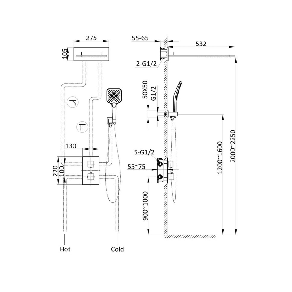 Душевой комплект VSFW-103TCH термостатический встраиваемый, двухрежимный, хром