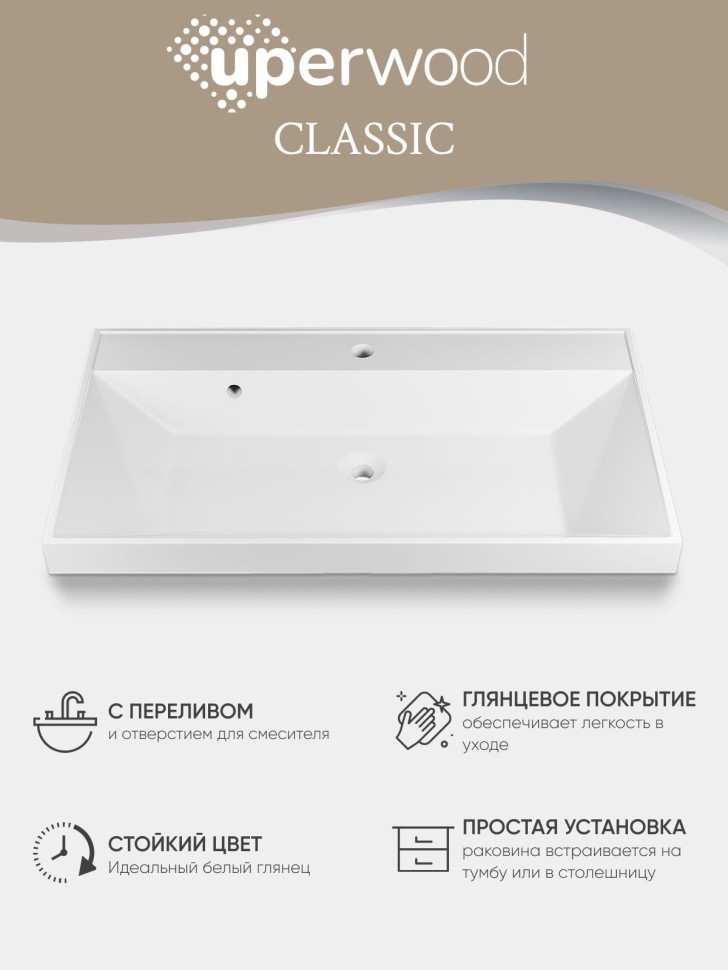 Раковина для ванной 90 см, Uperwood Classic, белая глянцевая