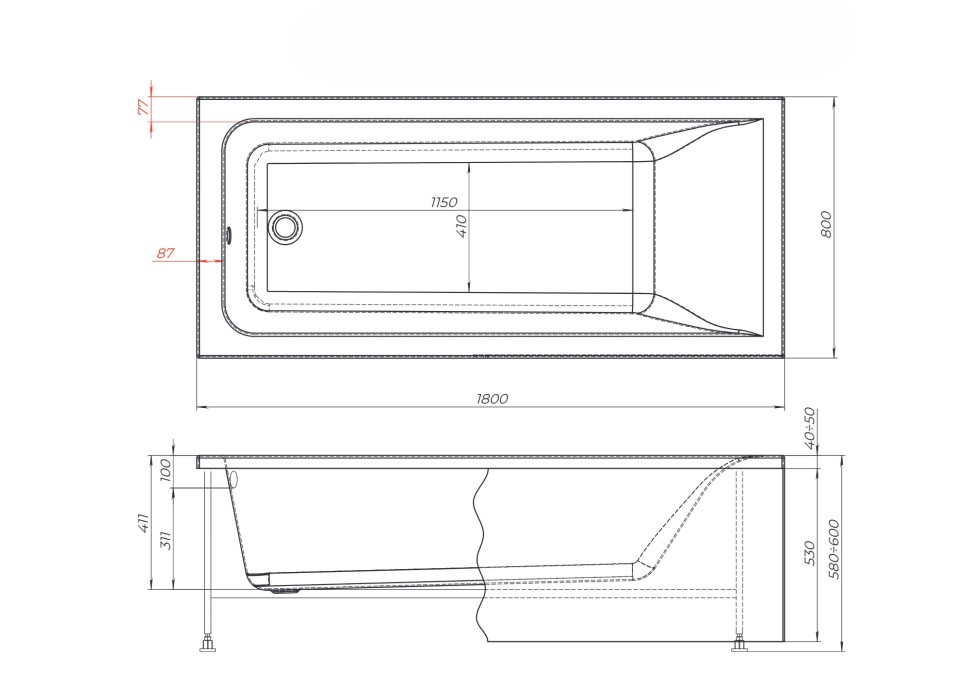 Акриловая ванна с каркасом Uperwood Infinity 180x80 см, белая