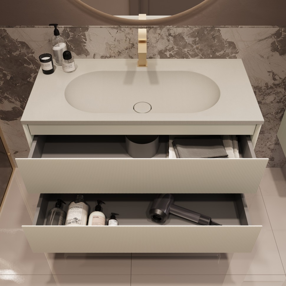 База под раковину Welle 1000 подвесная, 2 выкатных ящика soft-close, M.Beige