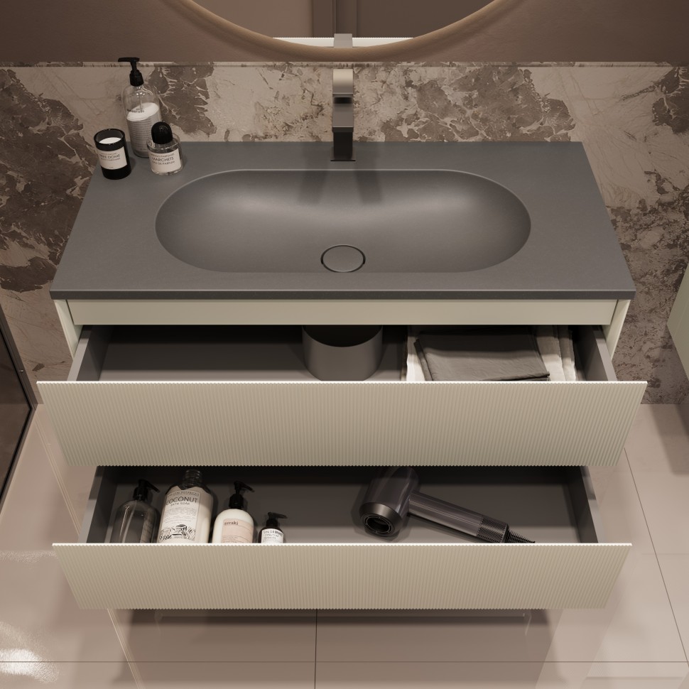 База под раковину Welle 1000 подвесная, 2 выкатных ящика soft-close, M.Beige