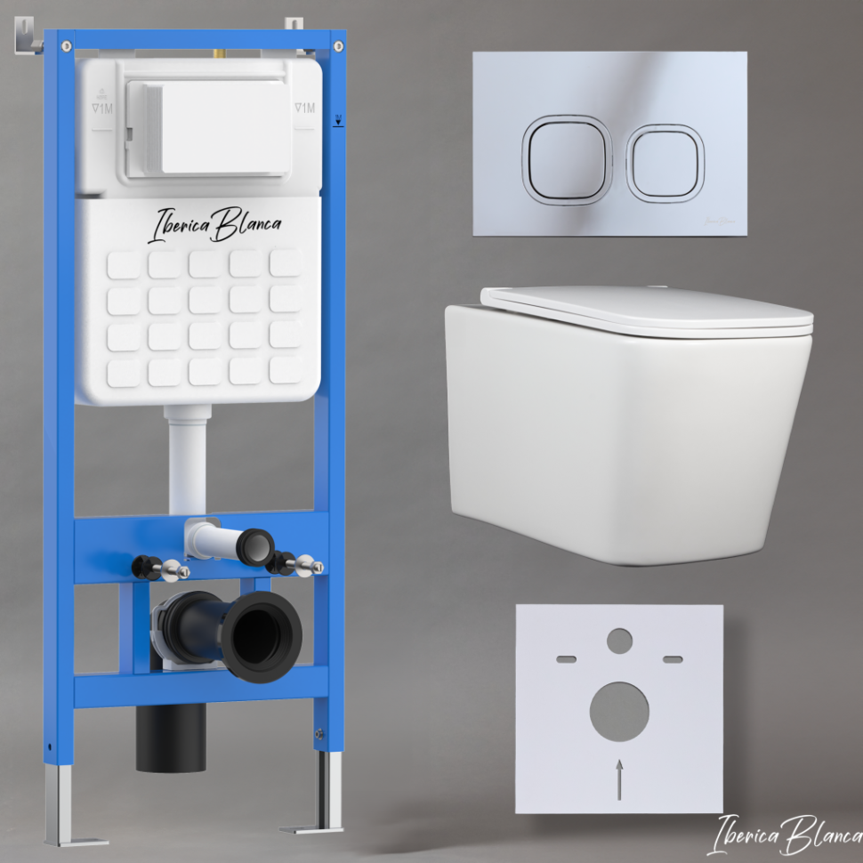 Комплект 3в1 IBERICA BLANCA инсталляция SILENCIO, унитаз TOLEDO ALTO белый, кнопка смыва ESTI-Q хром глянцевый (IB001.TLA.231.833)