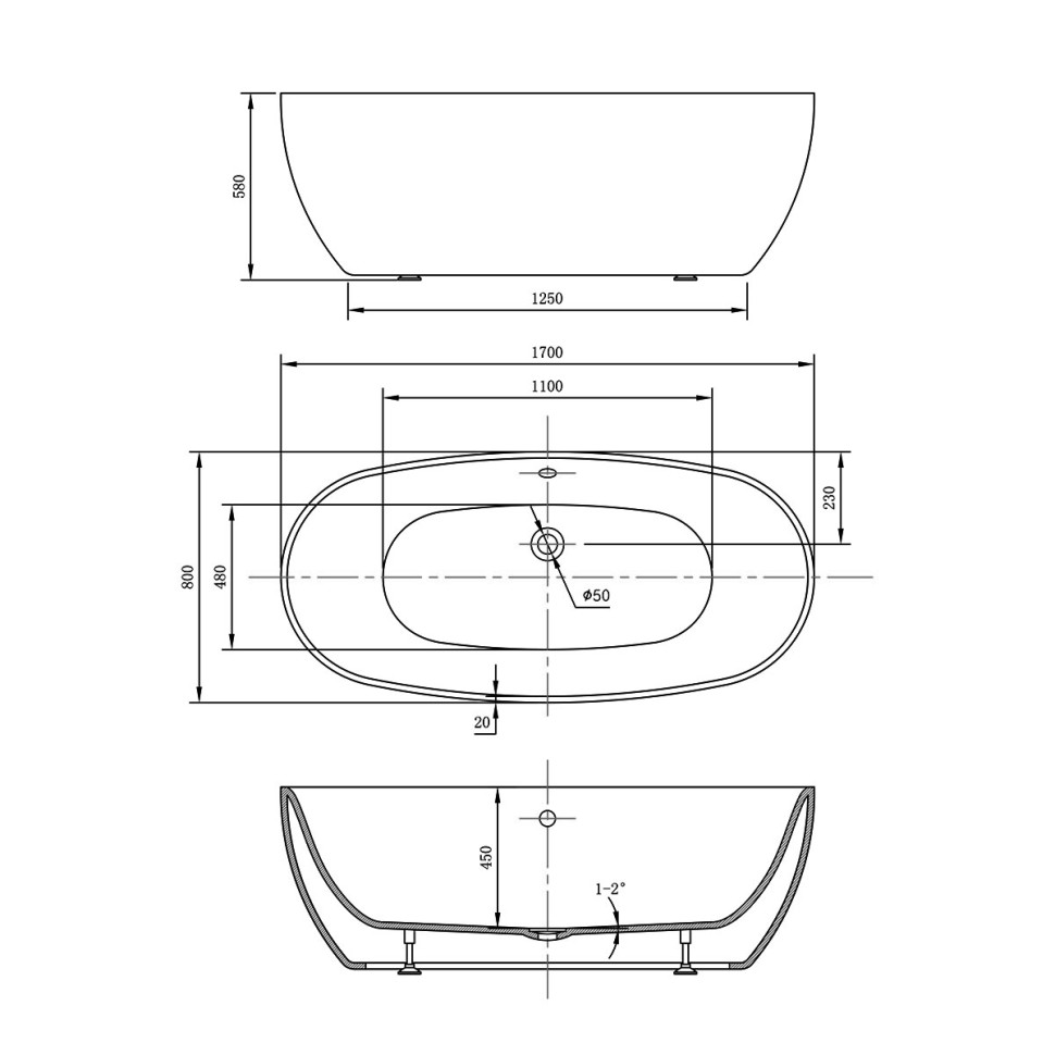 Ванна акриловая Vincea VBT-405-1700MB, 1700*800*580, цвет черный матовый/ белый матовый, щелевой перелив, слив белый