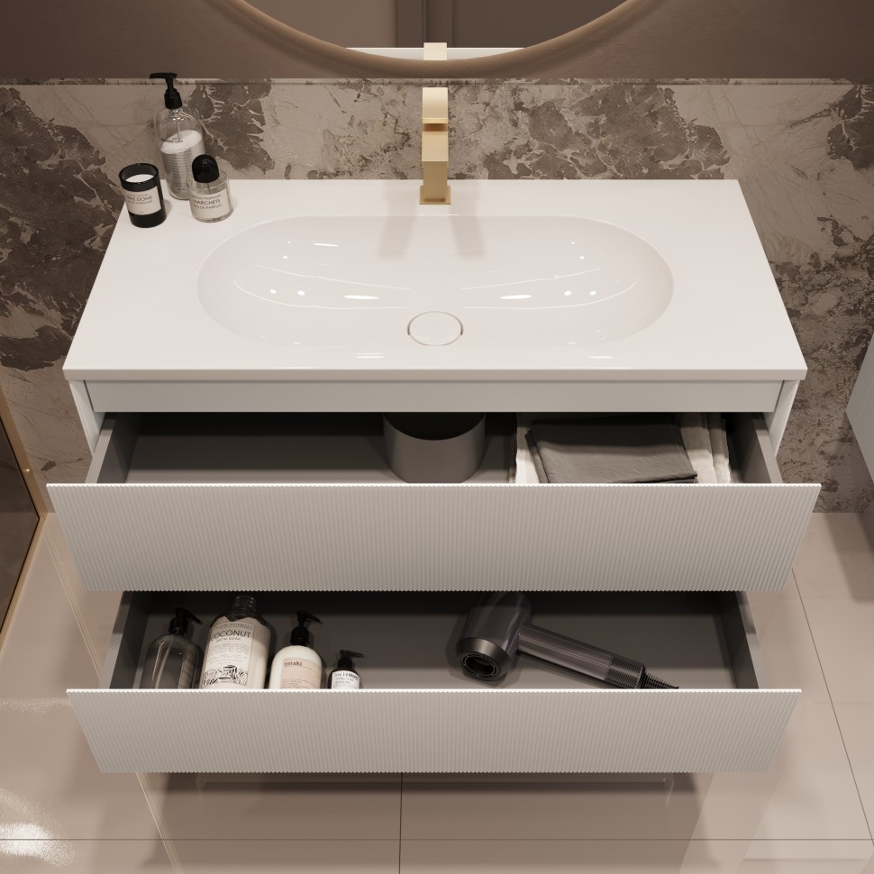 База под раковину Welle 1000 подвесная, 2 выкатных ящика soft-close, M.White