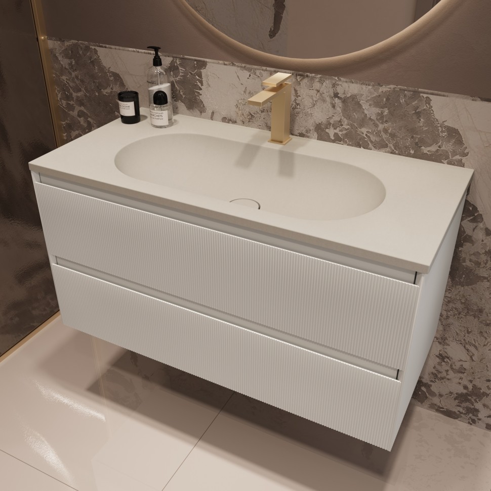 База под раковину Welle 1000 подвесная, 2 выкатных ящика soft-close, M.White