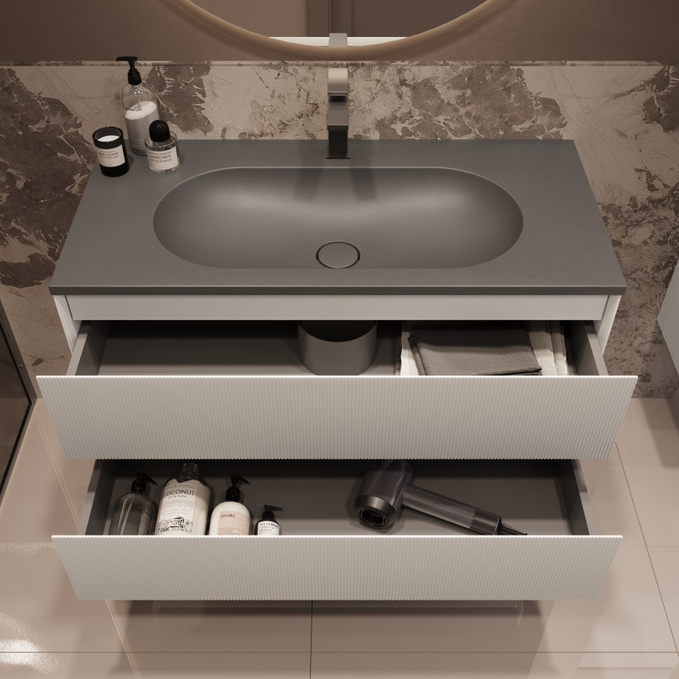 База под раковину Welle 1000 подвесная, 2 выкатных ящика soft-close, M.White