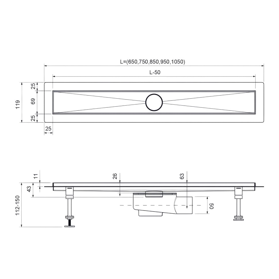 Душевой лоток TIMO Drain System 600 с вставкой "lines", Хром