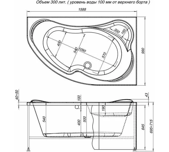 Акриловая ванна Aquanet Capri 160x100 R (с каркасом)