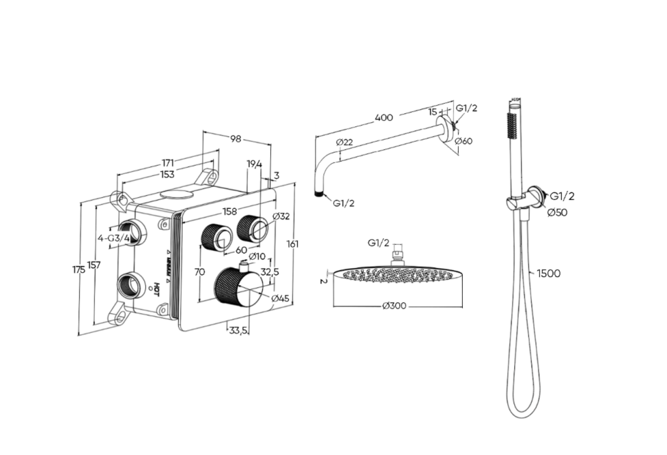 Душевая система скрытого монтажа для душа MILLEAU Tissage TERMO 2SBIT/801-GB на 2 потока (комплект с монтажным блоком), Черный глянец