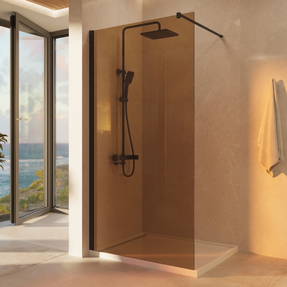 Душевая перегородка Волк-Ин (Walk-In) VSW-1H100GSB, 1000*2000, черный матовый, стекло янтарь