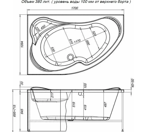 Акриловая ванна Aquanet Capri 170x110 L (с каркасом)