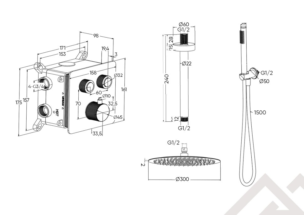 Душевая система скрытого монтажа для душа MILLEAU Tissage TERMO 2SBIT/802-CR на 2 потока (комплект с монтажным блоком), хром
