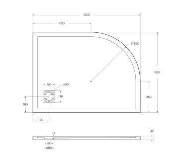 Душевой поддон из искусственного мрамора в комплекте с сифоном BelBagno UNO TRAY-MR-UNO-RH-120/90-550-35-W-R-CR