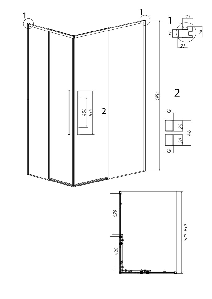 1/2 душевого ограждения Grossman Galaxy 1/2.K33.01.10L.21.02 (100*195) раздвижная(левая),черный матовый, стекло шиншилла,1 место
