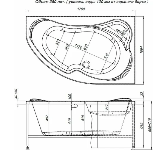 Акриловая ванна Aquanet Capri 170x110 R (с каркасом)